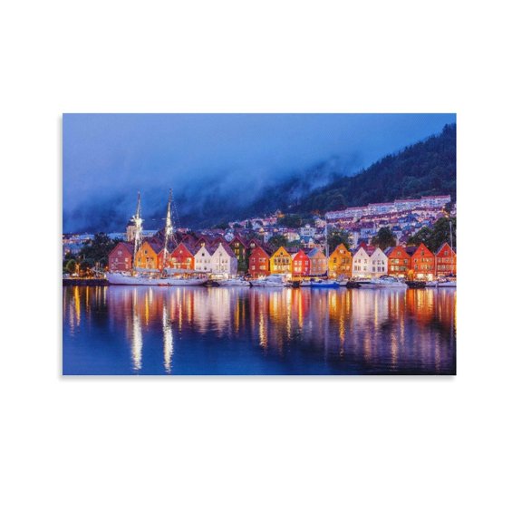 Bergen Norway Bryggen Street Evening Poster Decorative Painting Canvas Wall Art Living Room Posters Bedroom Painting,Unframe-style,16x24inch(40x60cm)