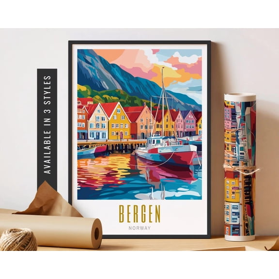Bergen Norway Poster Colorful City Wall Art Bryggen Hanseatic Wharf Poster Travel Souvenir Art Poster Art Housewarming Gift Home Decor, 8x12 UNFRAMED