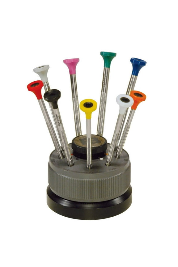 30081-S09 mini watchmakers screwdriver set on rotating stand stainless steel