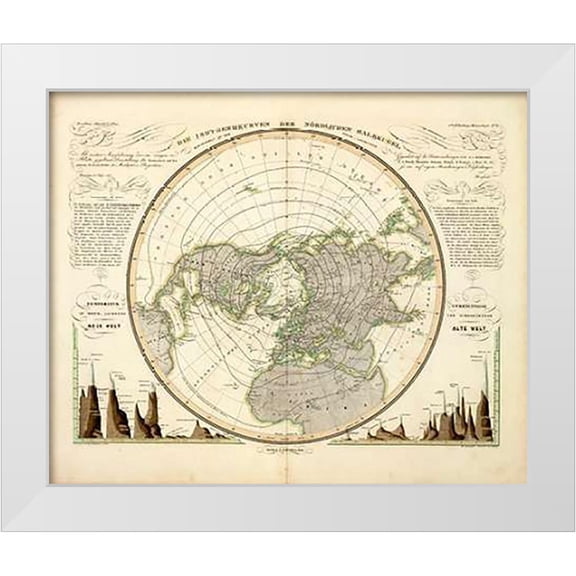Berghaus, Heinrich 14x12 White Modern Wood Framed Museum Art Print Titled - Die Isothermkurven Der Nordlichen Halbkugel, 1838