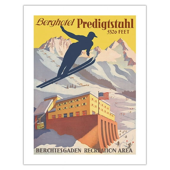 Berghotel Predigtstuhl - Ski Resort - Bad Reichenhall Bavaria Germany - Berchtesgaden Recreation Area - Vintage Travel Poster c.1935 - Bamboo Fine Art 290gsm Paper (Unframed) 17x22in