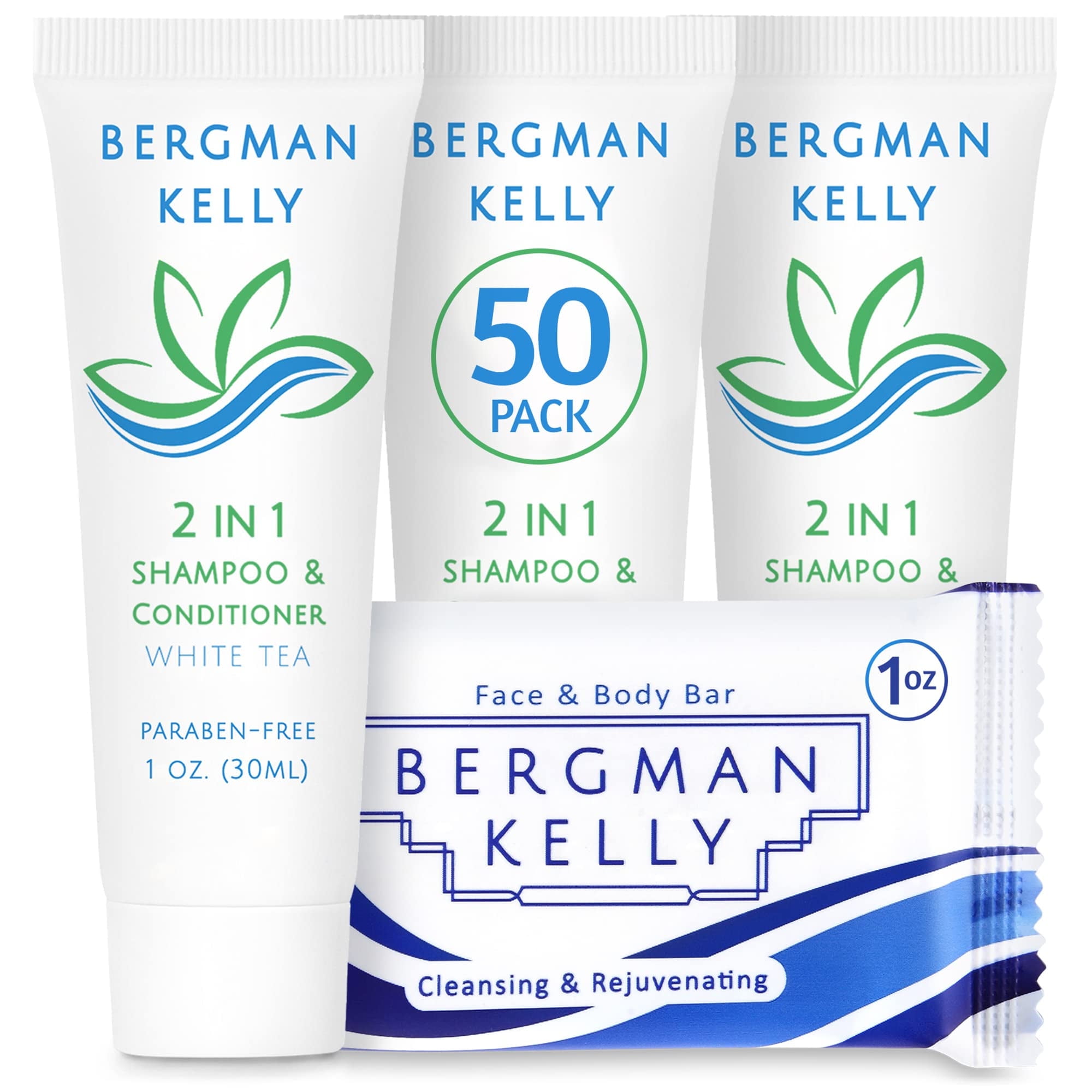 Bergman Kelly 1 oz Hotel Soap Bars, 1 fl oz 2-in-1 Shampoo and Conditioner, 2-Piece Set, 50 Pack (US Company)