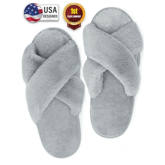 Bergman Kelly Fuzzy House Slippers for Women, Anti-Slip & Open Toe Scuff Style Home Shoes, Clouds Collection