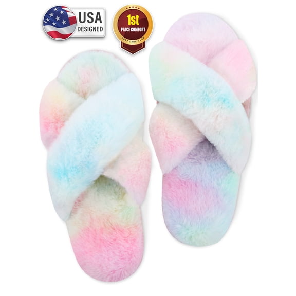 Bergman Kelly Fuzzy House Slippers for Women, Anti-Slip & Open Toe Scuff Style Home Shoes, Clouds Collection