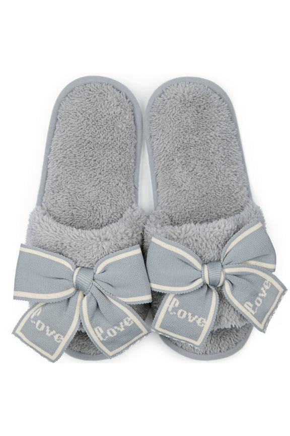 Fuzzy House Slippers for Women, Open Toe Fluffy Faux Fur Slides w/ Cute Bow