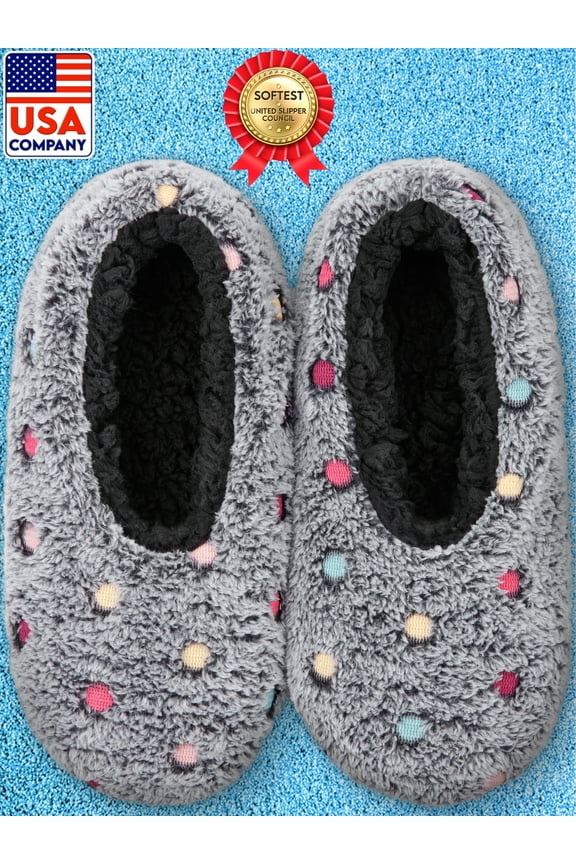 Fuzzy Soft Sole Non-Slip Indoor House Slippers for Women (Dots Collection)