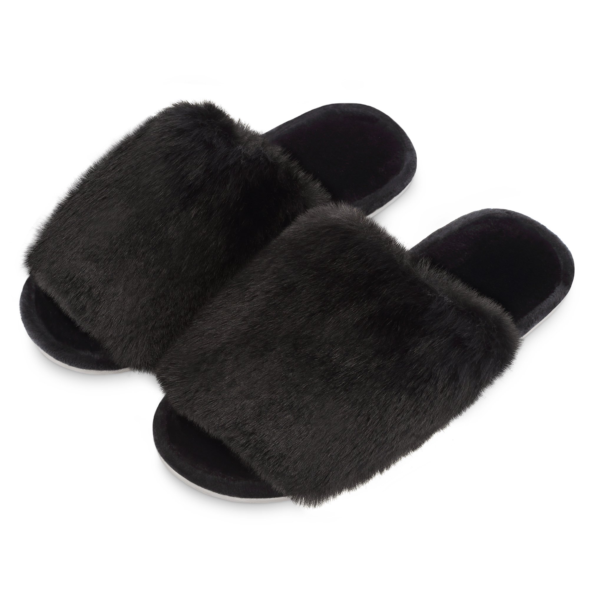 FamilyFairy Women's Fluffy Faux Fur Slippers Comfy Open Toe Two Band Slides  with Fleece Lining and Rubber Sole