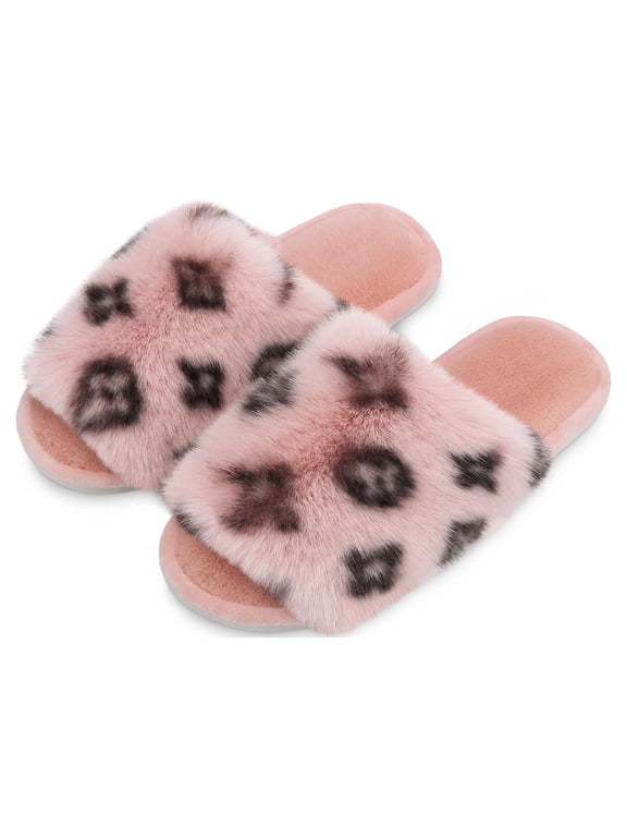 Women's Fuzzy Faux Fur Slide Slippers, Starlet Collection - Scuff Style (US Company)