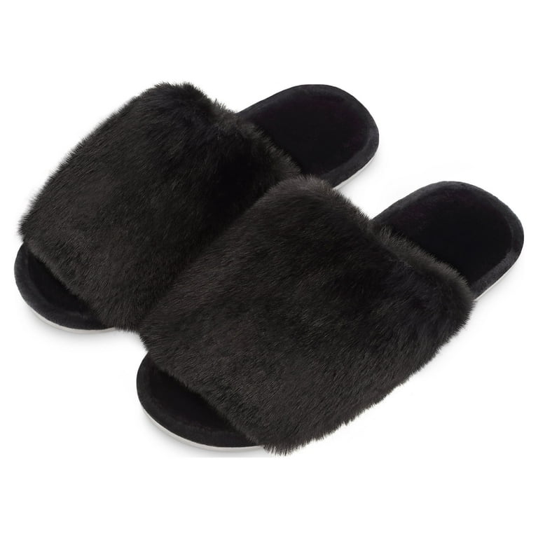 Bergman Kelly Women's Fuzzy Faux Fur Slide Slippers, Starlet Collection - Scuff Style (US Company), Size: 9-10, Black