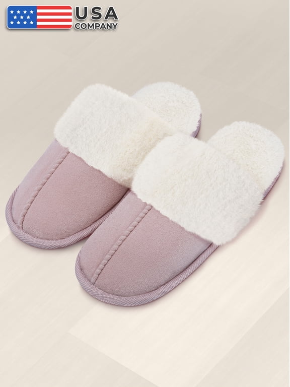 Womens Memory Foam Scuff Slippers, Fuzzy Indoor House Shoes W/ Faux Fur Collar & Plush Fleece Lining