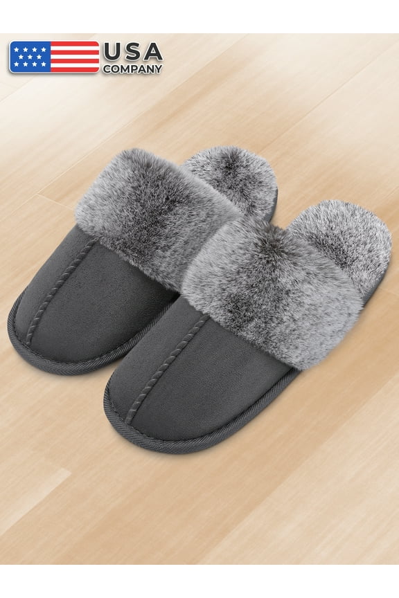 Womens Memory Foam Scuff Slippers, Fuzzy Indoor House Shoes W/ Faux Fur Collar & Plush Fleece Lining