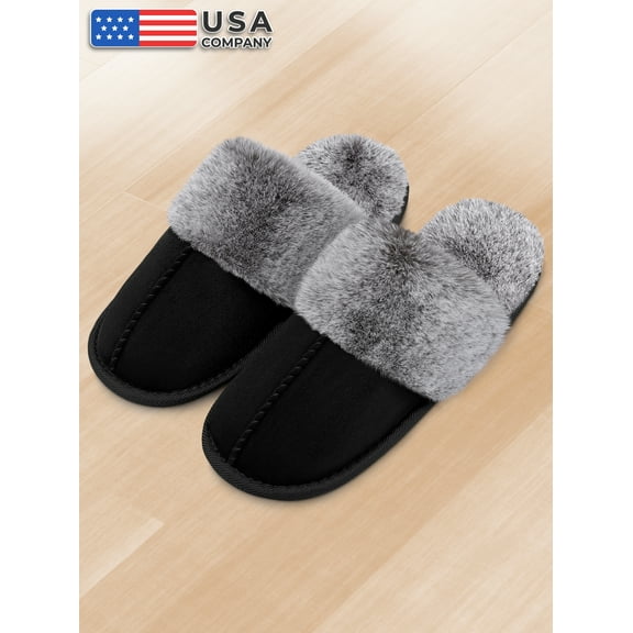 Bergman Kelly Womens Memory Foam Scuff Slippers, Fuzzy Indoor House Shoes W/ Faux Fur Collar & Plush Fleece Lining