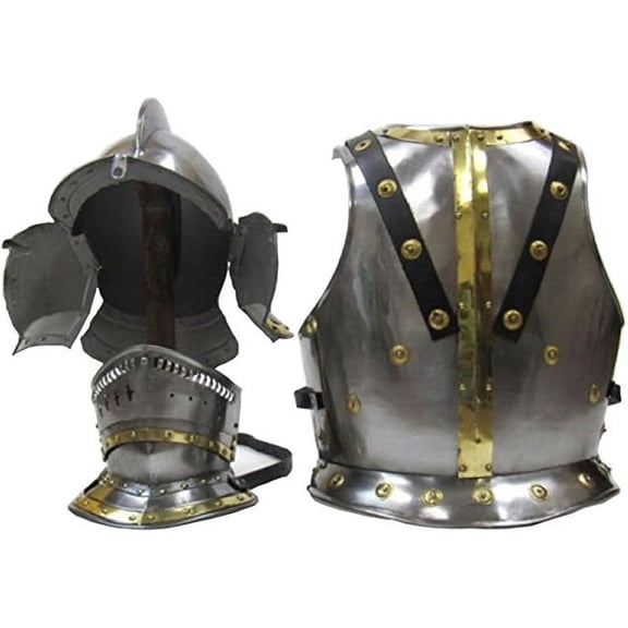 Bergonet Knight's Or Jousting Helmet and Chestplate in Steel W/Brass Trim Rustic Vintage Home Decor Gifts