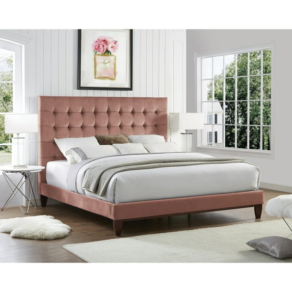 Bergren Blush Velvet Bed - Button Tufted Queen