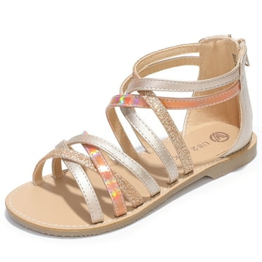 Berhood Girls Gladiator Sandals Open Toe Strappy Dress Summer Flat Sandals with Back Zipper Gold 13 Little Kid