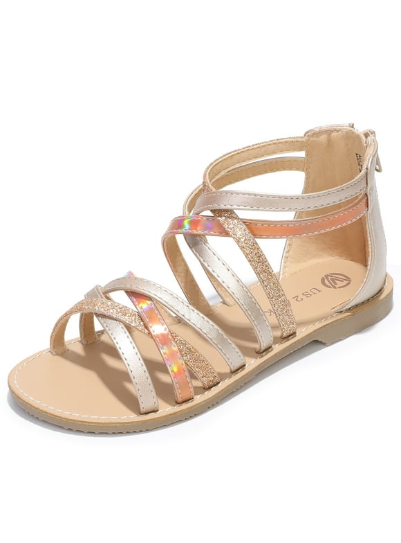 Berhood Girls Gladiator Sandals Open Toe Strappy Dress Summer Flat Sandals with Back Zipper Gold 13 Little Kid