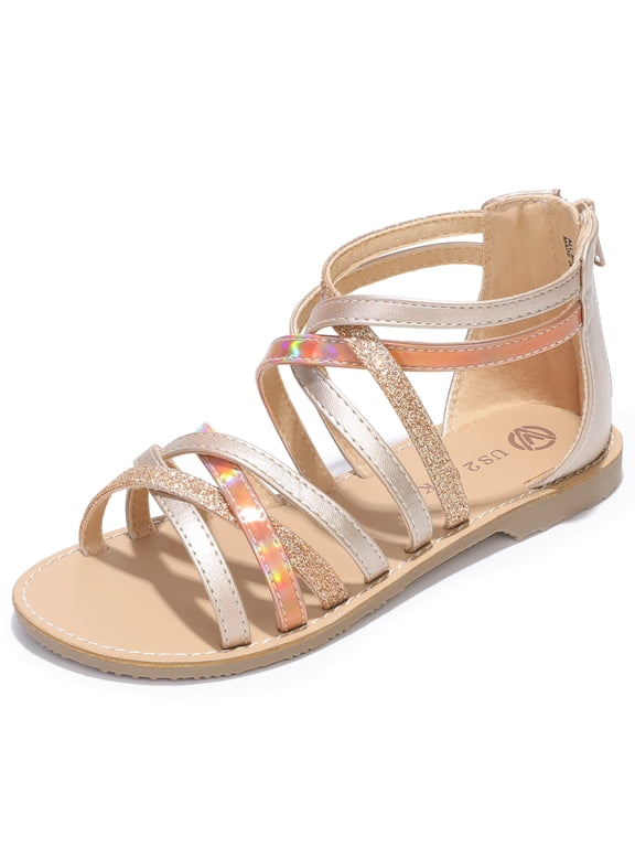 Girls Gladiator Sandals Open Toe Strappy Dress Summer Flat Sandals with Back Zipper Gold 4 Big Kid