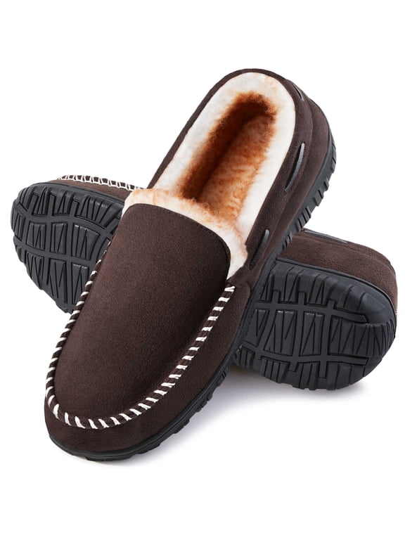 House Slippers for Men Warm Moccasin Slippers Micro Wool House Shoes Slip on Moccasins for Men Anti-Slip Sole Indoor Outdoor Brown 9