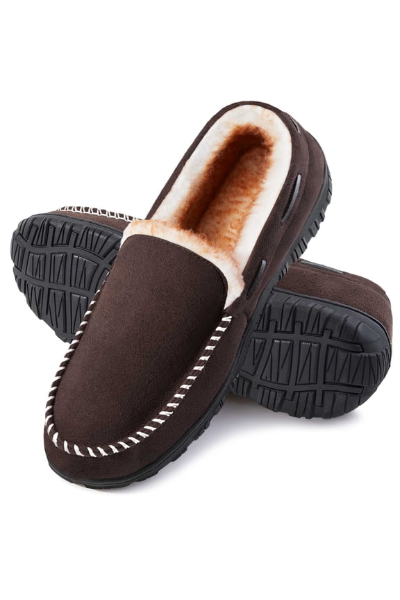 House Slippers for Men Warm Moccasin Slippers Micro Wool House Shoes Slip on Moccasins for Men Anti-Slip Sole Indoor Outdoor Brown 9