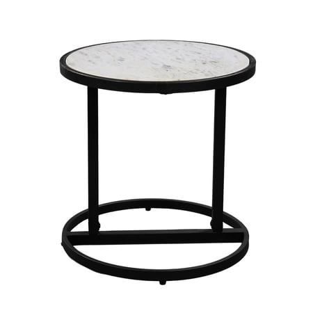 Beri Side End Table Round White Natural Marble Top Classic Slim Black Iron Frame