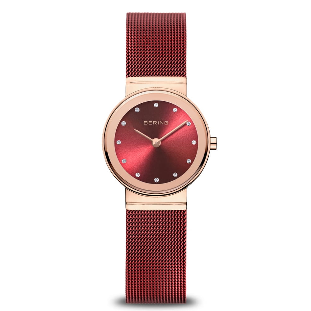 BERING 10126-363 26 mm Female Classic Polished Rose Gold Mesh Watch with Red Dial