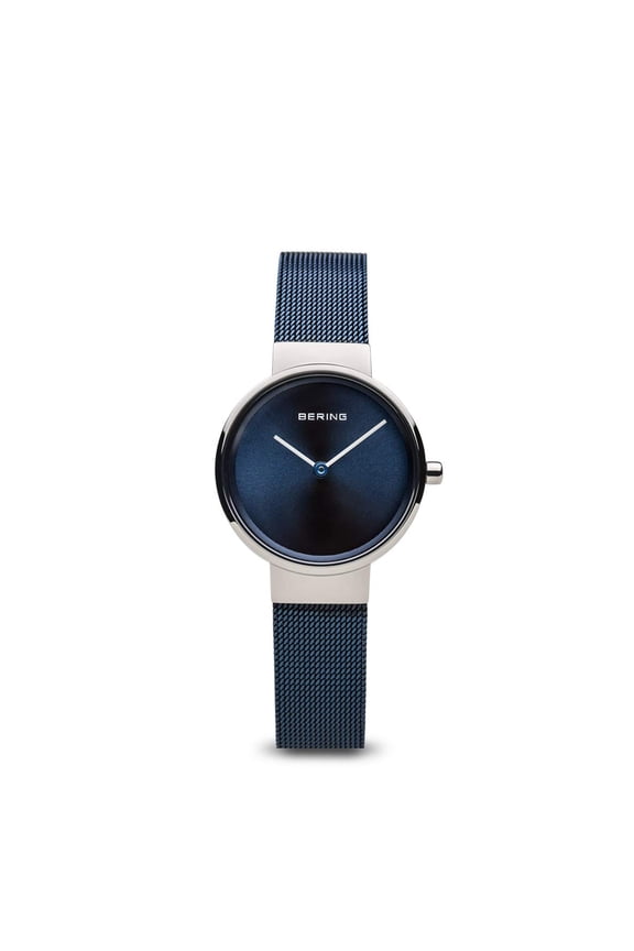 26mm Silver Stainless Steel Case, 12mm Lug Width, Blue Dial, Sapphire Crystal, Mesh Band, Quartz Movement.