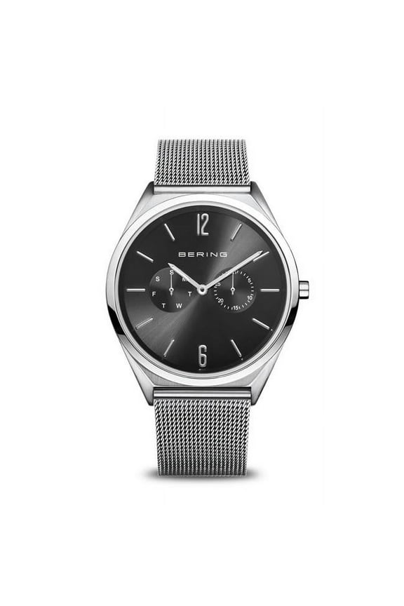 17140-002 Unisex Ultra Slim Polished & Brushed Silver Mesh Watch with Black Dial