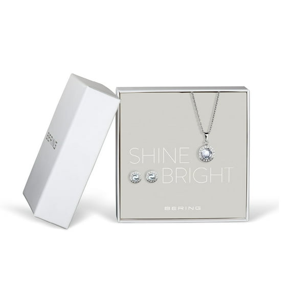 Bering Arctic Symphony Shine Bright Jewellery Set. Polished Silver Stainless Steel with White Crystal Glass Necklace and Ear Studs. 429-711-Silver