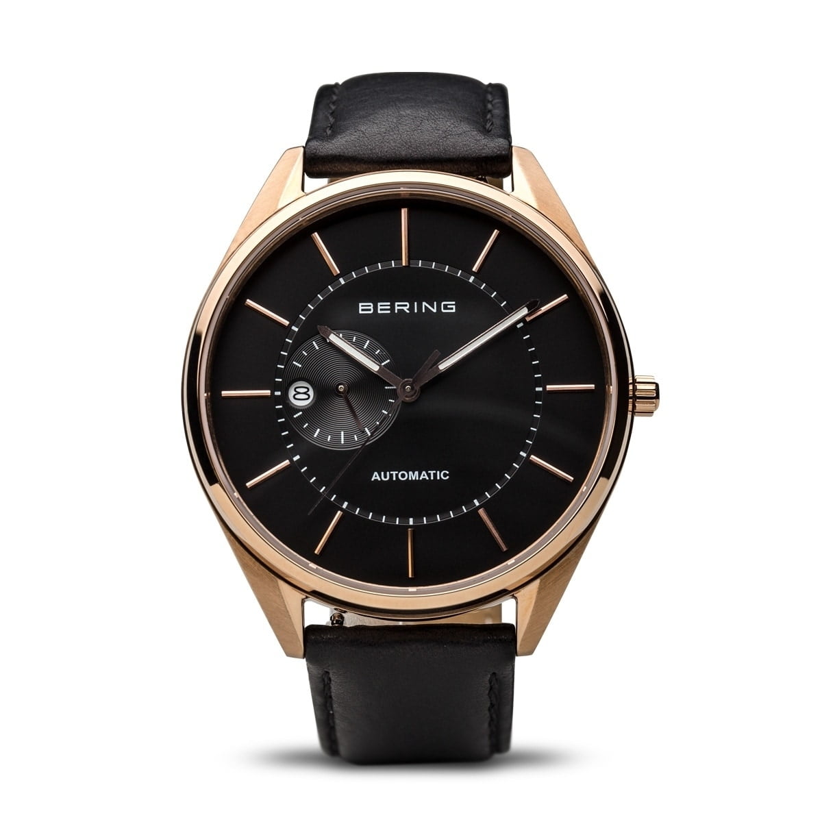 BERING Time Automatic Collection Polished Rose Gold Stainless Steel Case with Black Calfskin Strap and Black Dial Men's Watch. 16243-462