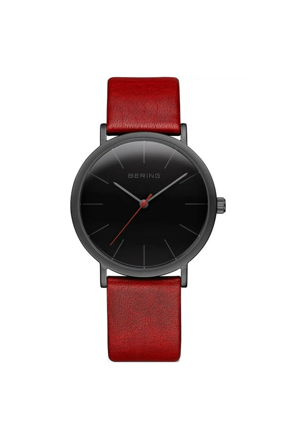 Time Classic Collection Mat Black Stainless Steel Case with Red Leather Strap Women's Watch. 13436-622