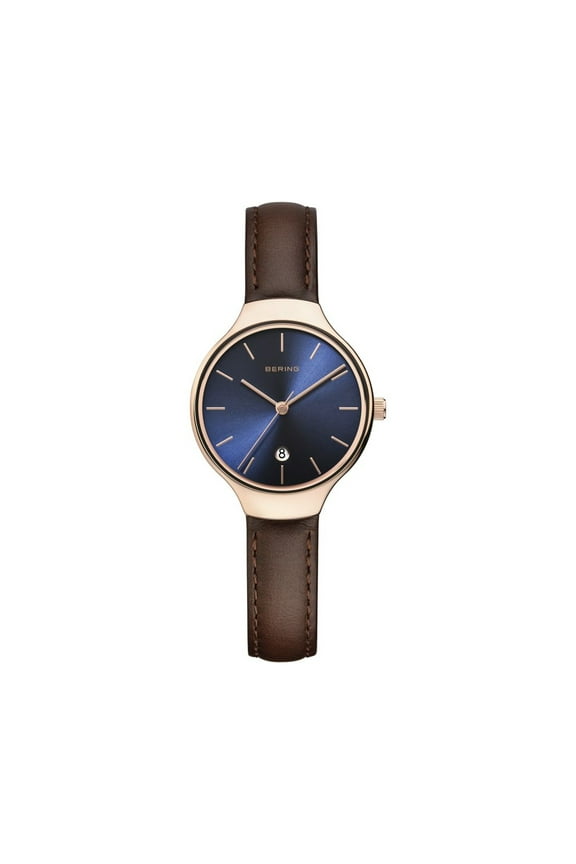 Time Classic Collection Polished Rose Gold Stainless Steel Case with Brown Calfskin Leather Strap and Blue Dial with Date Window Women's Watch. 13328-567