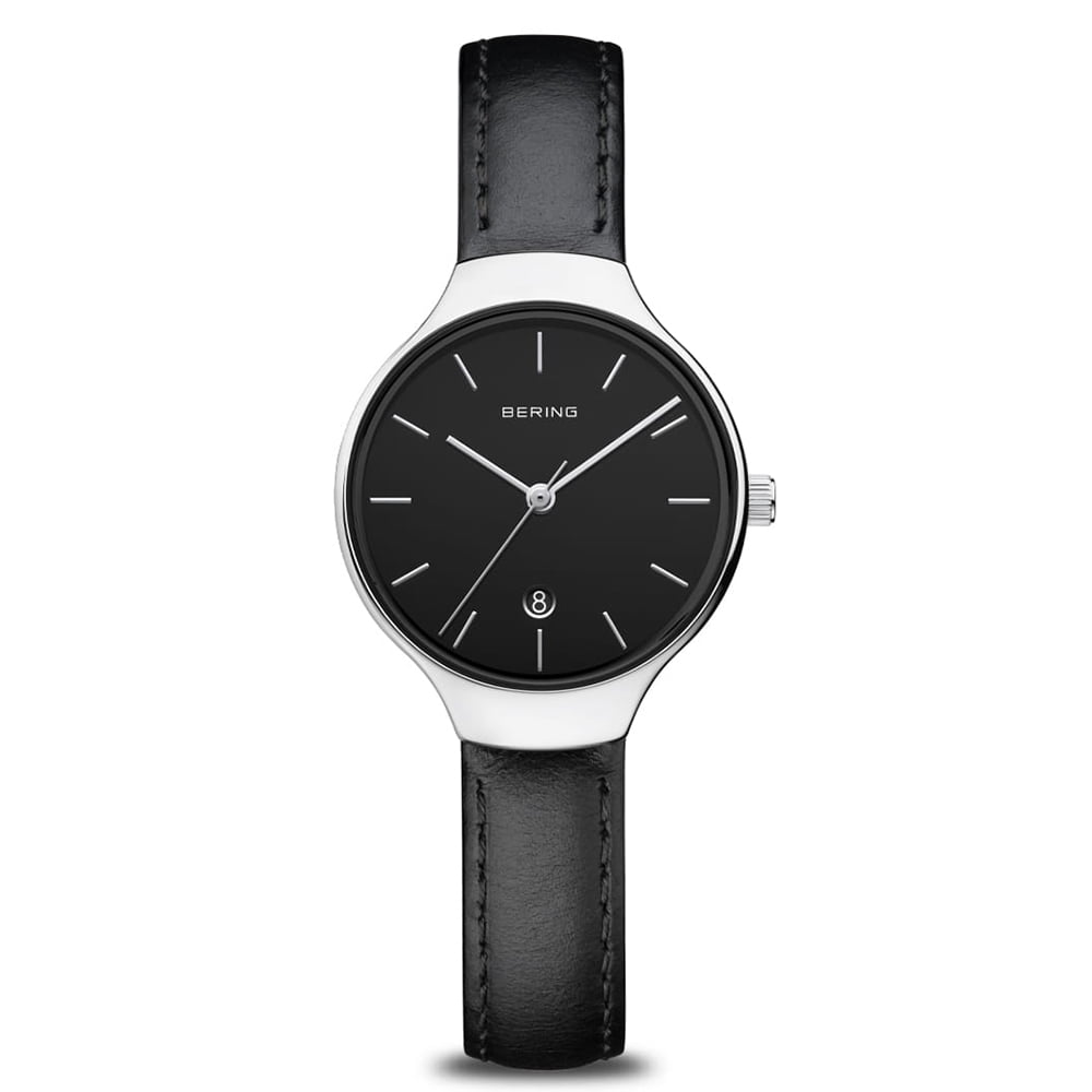 Bering Time Classic Collection Polished Silver Stainless Steel Case with Black Leather Strap and Black Dial Women's Watch. 13328-402