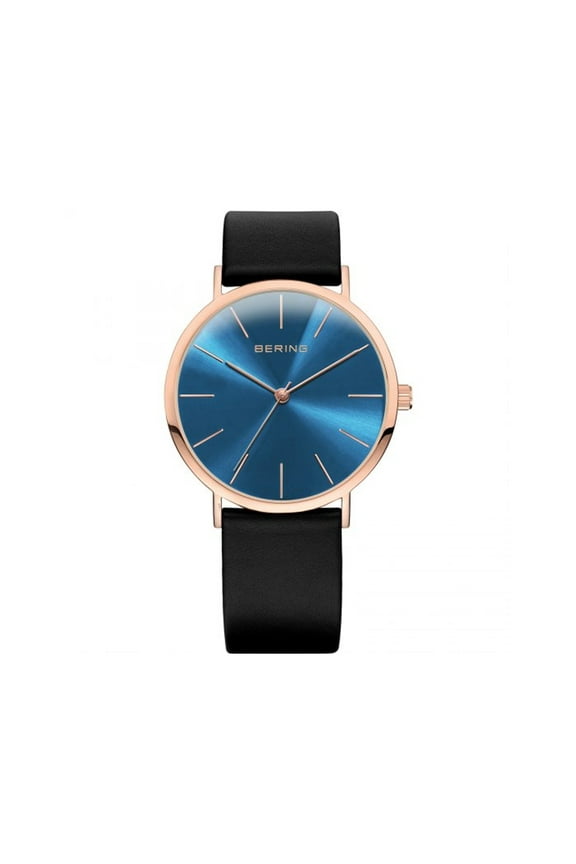 Time Classic Collection Rosgold Glnzend Stainless Steel Case and Black Leather Strap, Blue Dial with Swarovski Elements Women's Watch. 13436-468