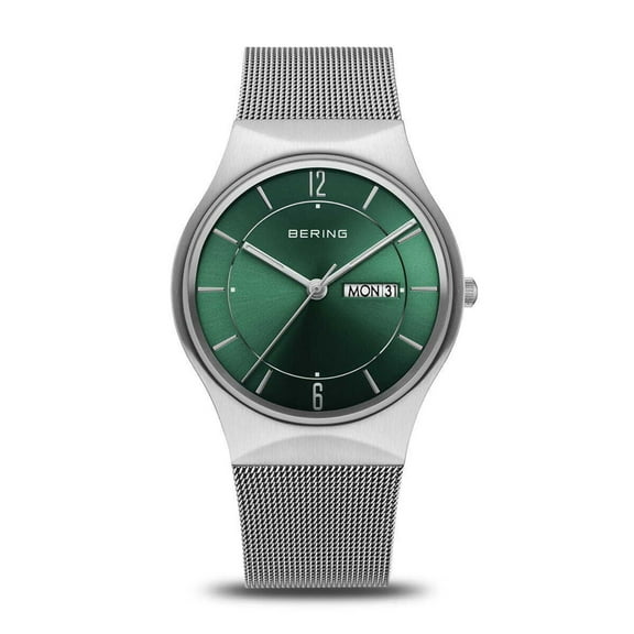 Bering Time Classic Collection Silver Stainless Steel Case and Milanese Strap with Green Day and Date Dial Men's Watch. 11938-008DD