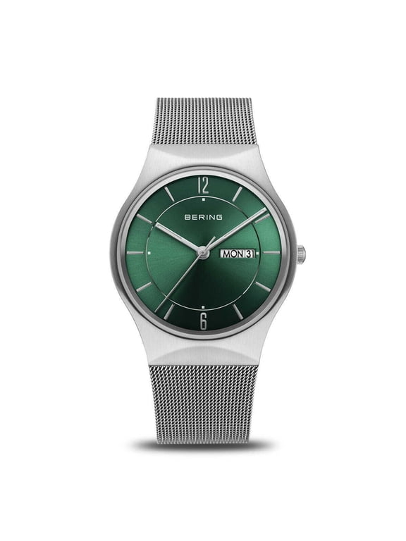 Time Classic Collection Silver Stainless Steel Case and Milanese Strap with Green Day and Date Dial Men's Watch. 11938-008DD
