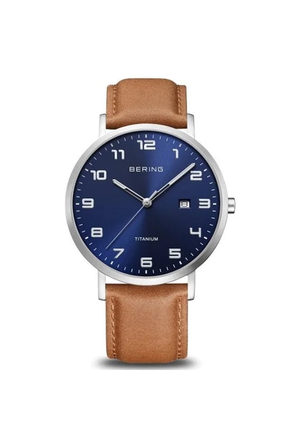 Time Titanium Collection Polished Silver Titanium Case with Brown Leather Strap and Blue Dial Men's Watch. 18640-567