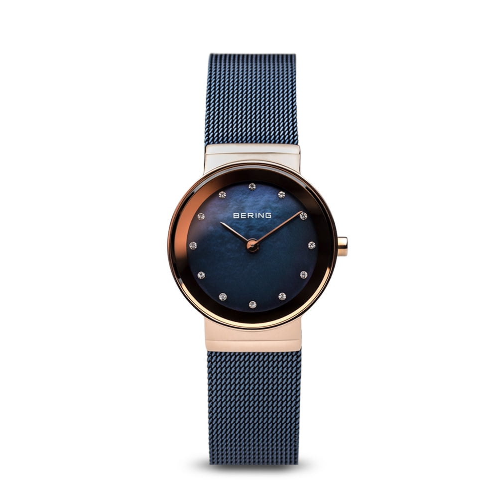 Bering Women's 10126-367 Watch Slim IP Rose Gold Case Blue Mother of Pearl Dial Blue Mesh Band