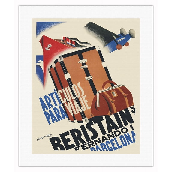 Beristain S.A. - Barcelona Spain - Travel Articles (Articulos Para Viaje) - Vintage Advertising Poster by Jacint Bofarull c.1932 - Fine Art Rolled Canvas Print 16in x 20in