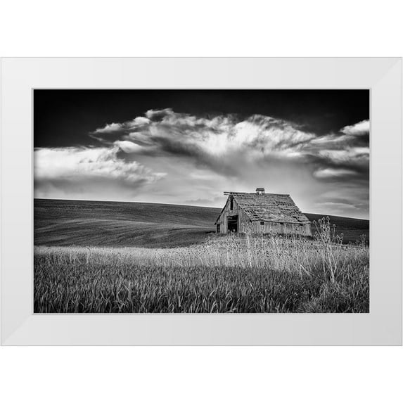 Berk 32x23 White Modern Wood Framed Museum Art Print Titled - Old Barn Sunset