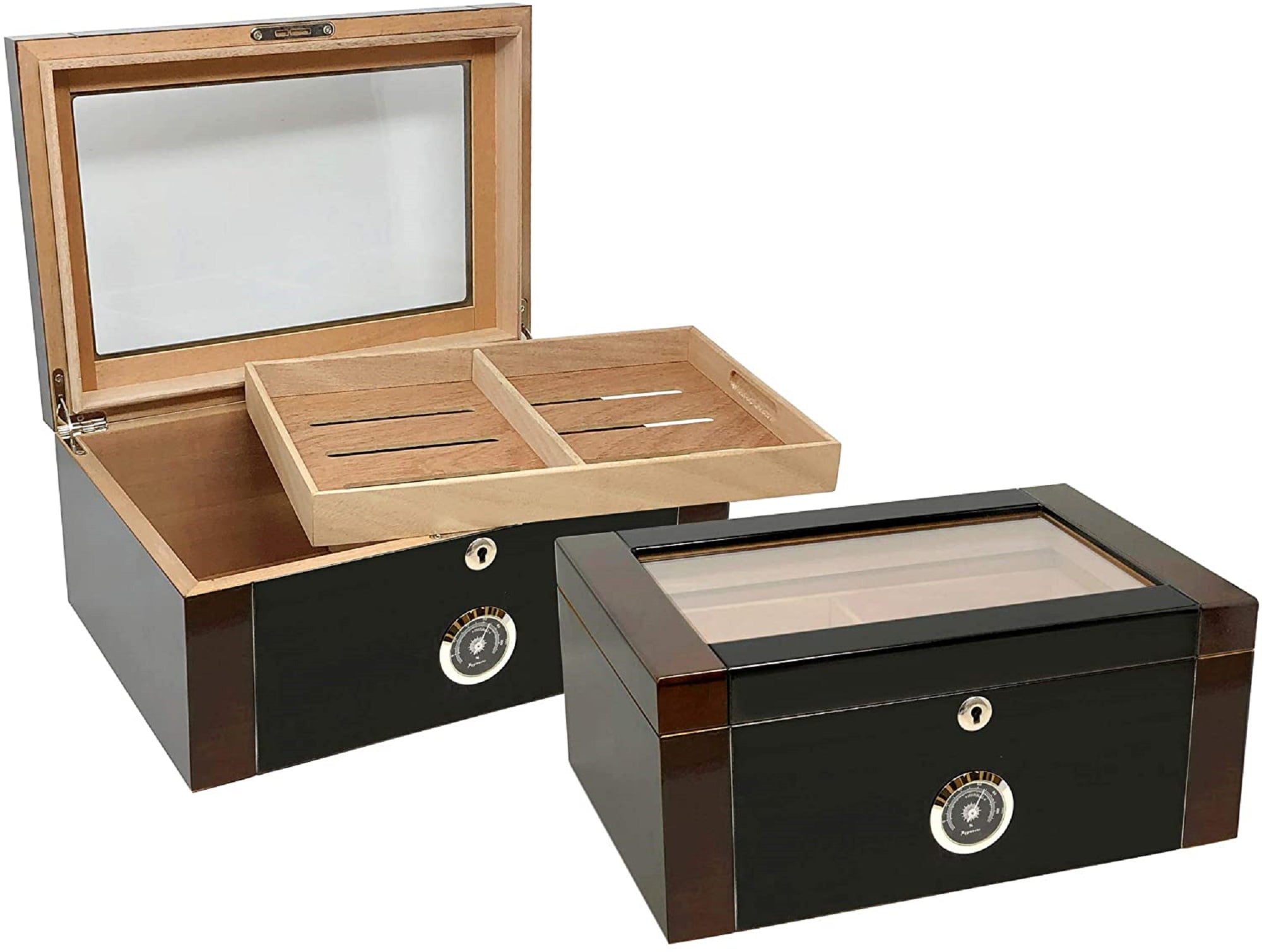 Berkeley 2 Glass Top Two-Tone Cigar Humidor w/External Hygrometer - Dark Mahogany & Black Lacquer Finish - Capacity: 100