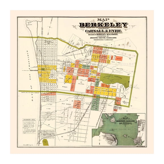 Berkeley Art, 1880 Vintage Map of Berkeley California, CA History Wall Decor Gift, Old Berkeley Map - 30" x 30" Unframed Print