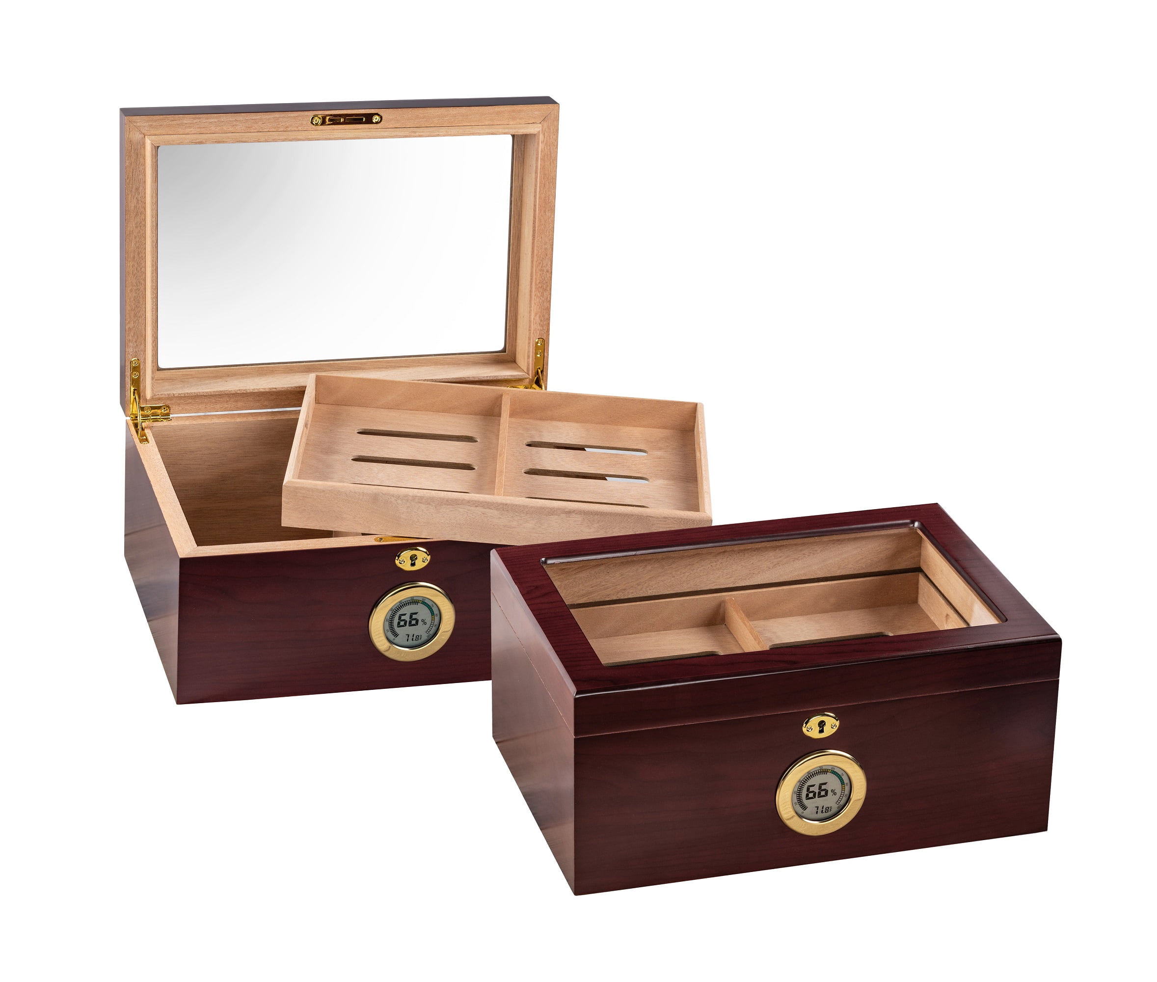 Berkeley Glass Top Cigar Humidor w/External Digital Hygrometer - Cherry Finish - Capacity: 100