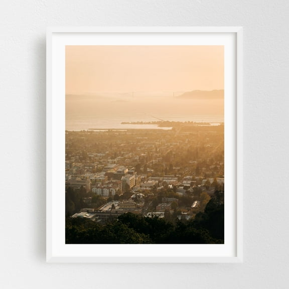 Berkeley Glow 02 - Berkeley California Photography City Sunset Skyline Bridge Landscape Travel Poster Scenic White Framed Wall Art Print 6 x 8 inches