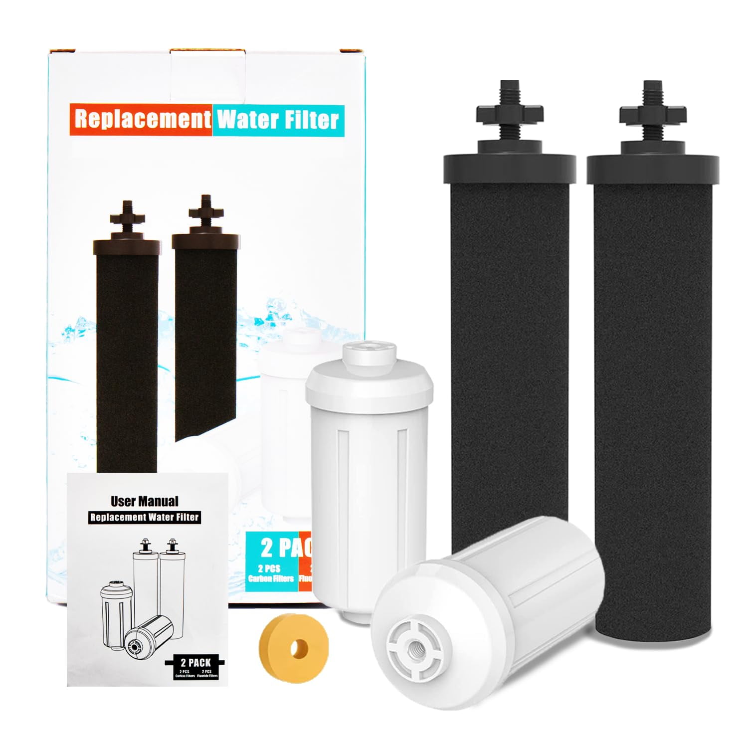 Berkey Gravity Water Filter Replacement, 2 Black Carbon Filters & 2 White Fluoride Filters, Compatible with Berkey Purifiers, Pack of 4