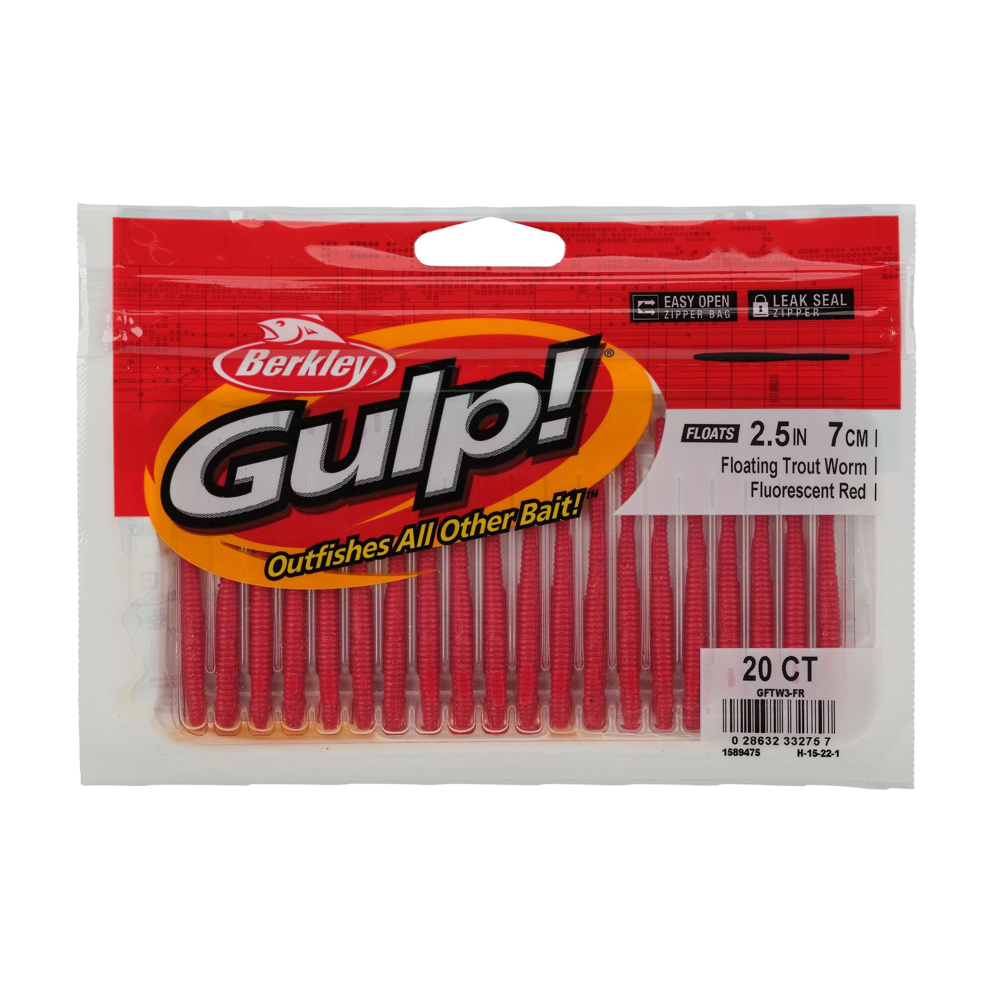Berkley Gulp!® Floating Trout Worm, 2.5 in, Worms, Fluorescent Red (20-count)