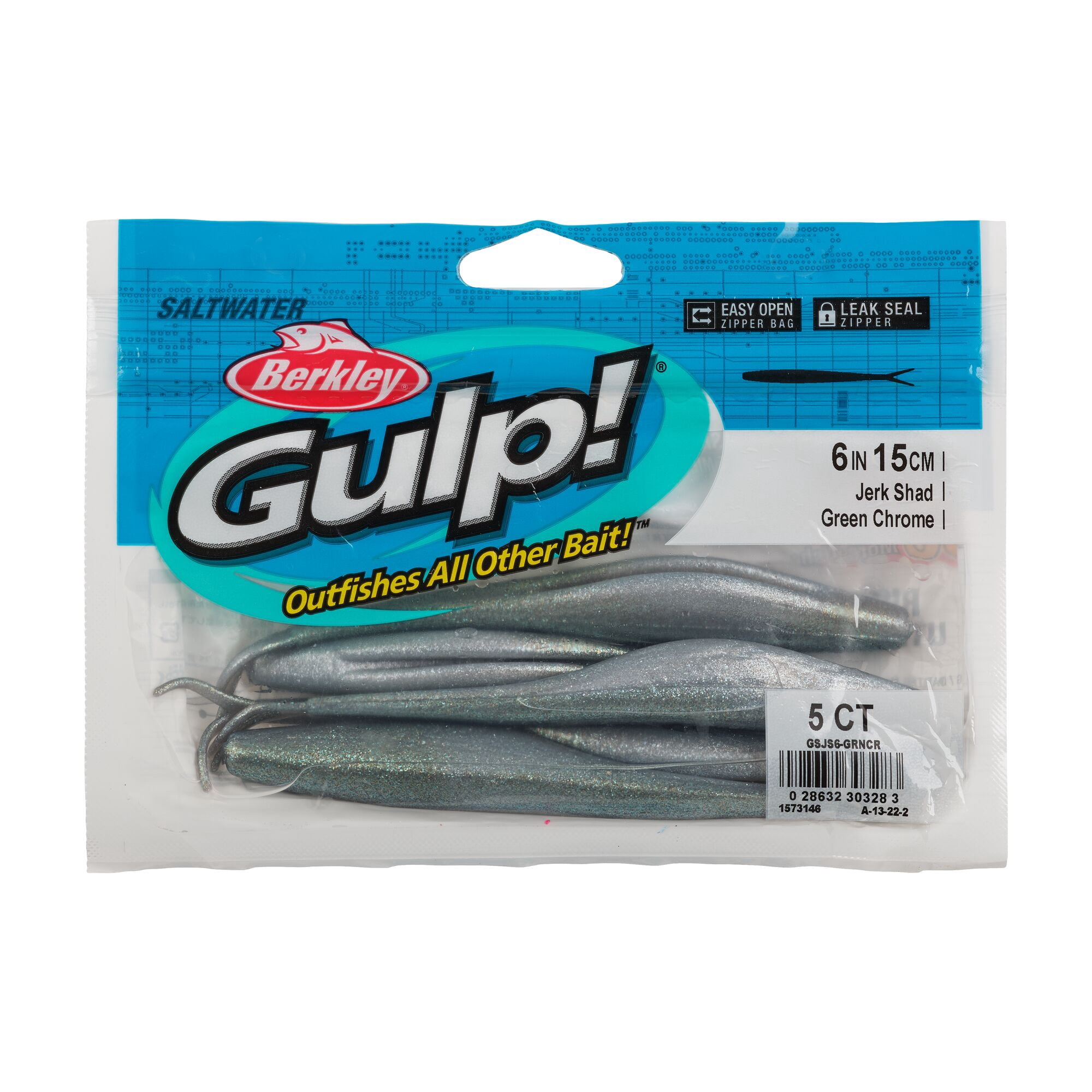 Berkley Gulp!® Saltwater Jerk Shad, 6 in, Jerkbaits, Green Chrome (5 Count)