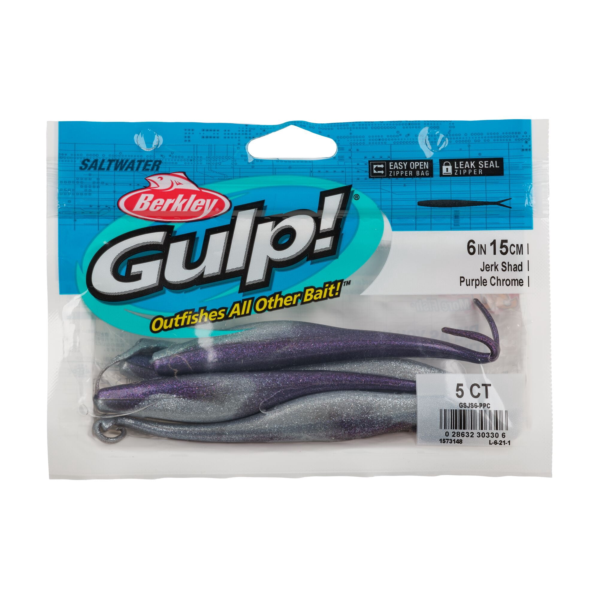 Berkley Gulp!® Saltwater Jerk Shad, 6 in, Jerkbaits, Purple Chrome (5 Count)