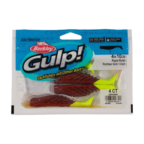 Berkley Gulp! Saltwater Ripple Mullet, 4 in, Swimbaits, Root Beer Gold/Chartreuse (4 Count)