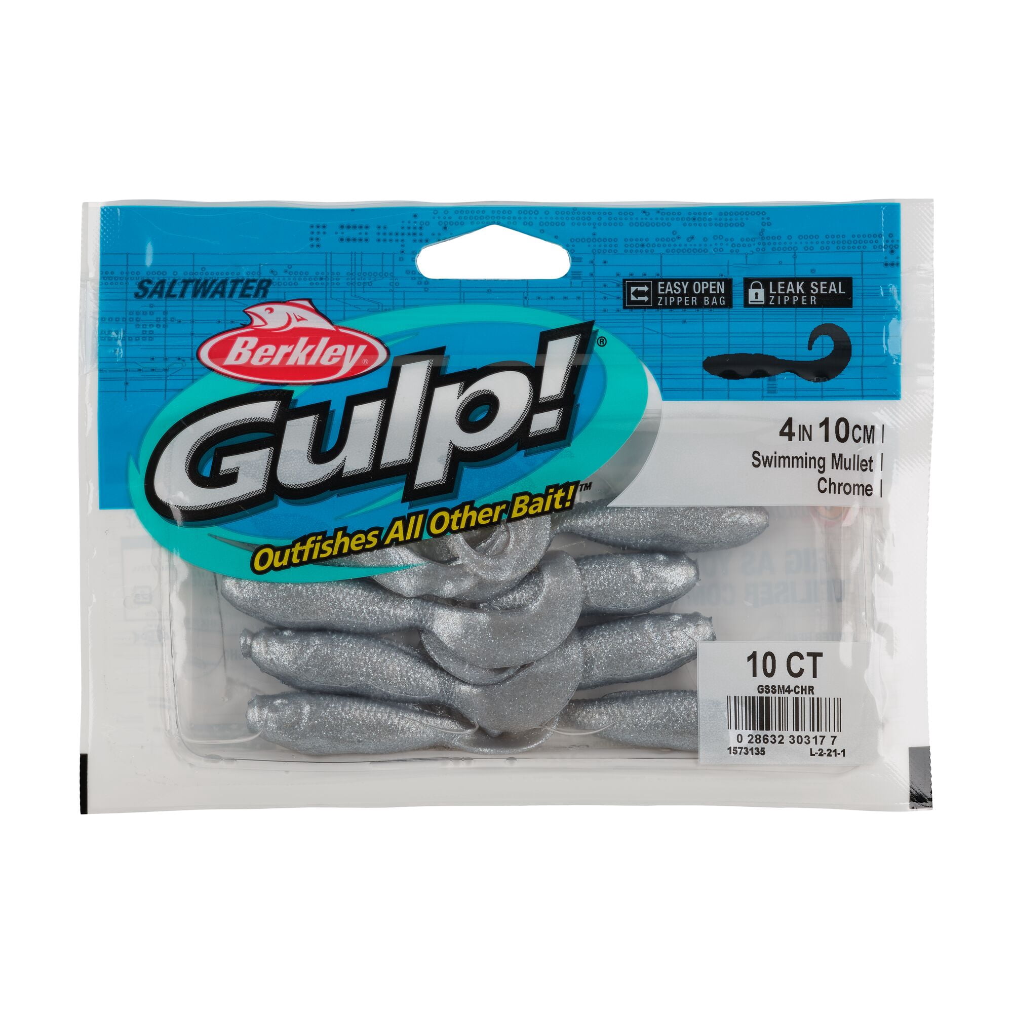 Berkley Gulp!® Saltwater Swimming Mullet, 4 in, Grubs, Chrome (10 Count)