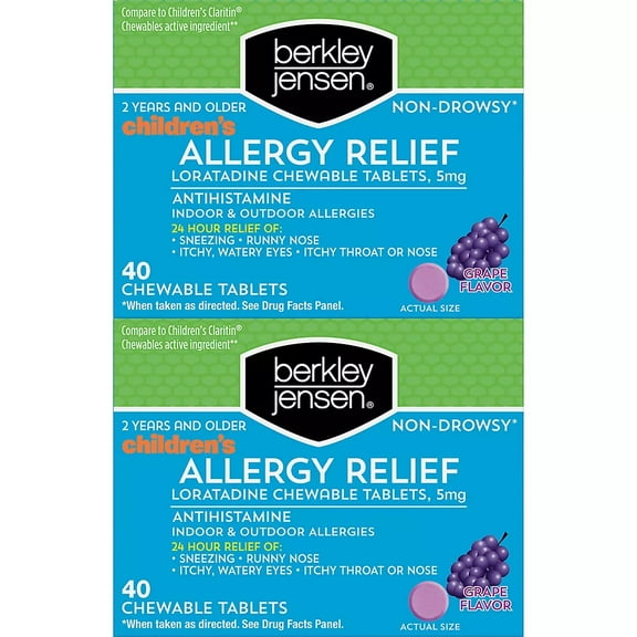 Berkley Jensen Children's Allergy Relief and Loratadine Chewable Tablets with Grape Flavored, 5mg, 80 Count Box